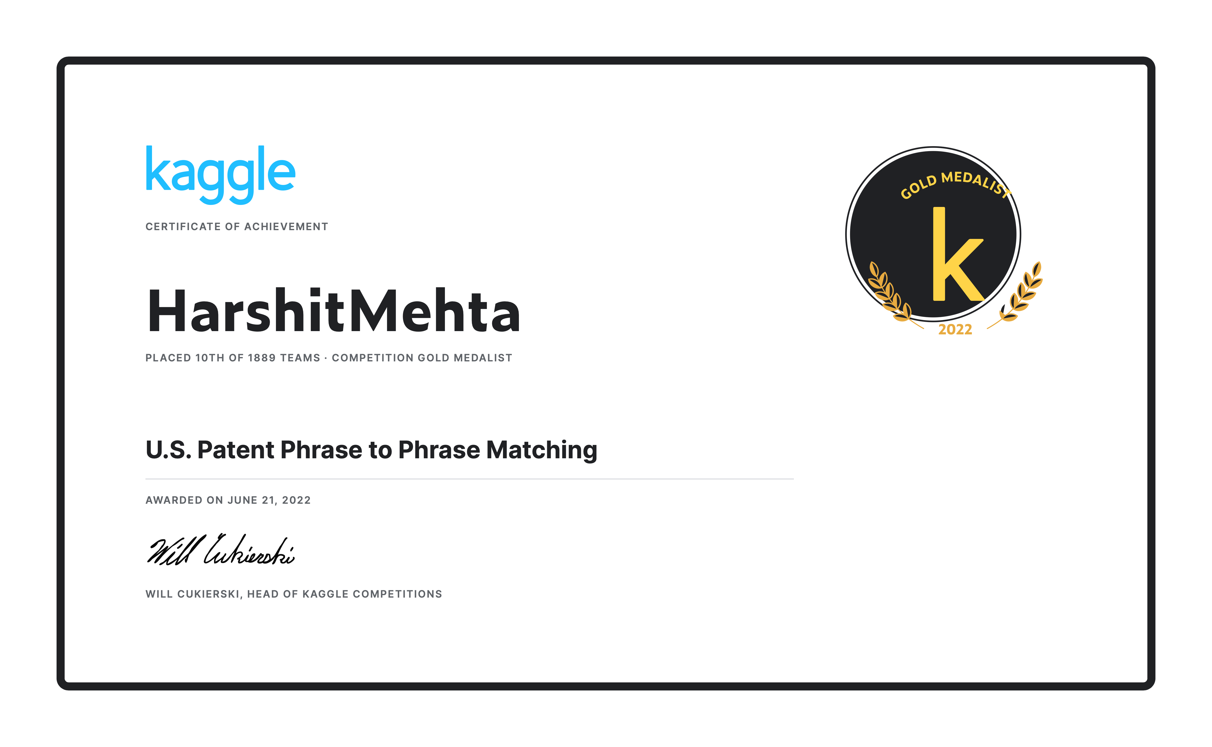 Certificate - US Patent phase matching